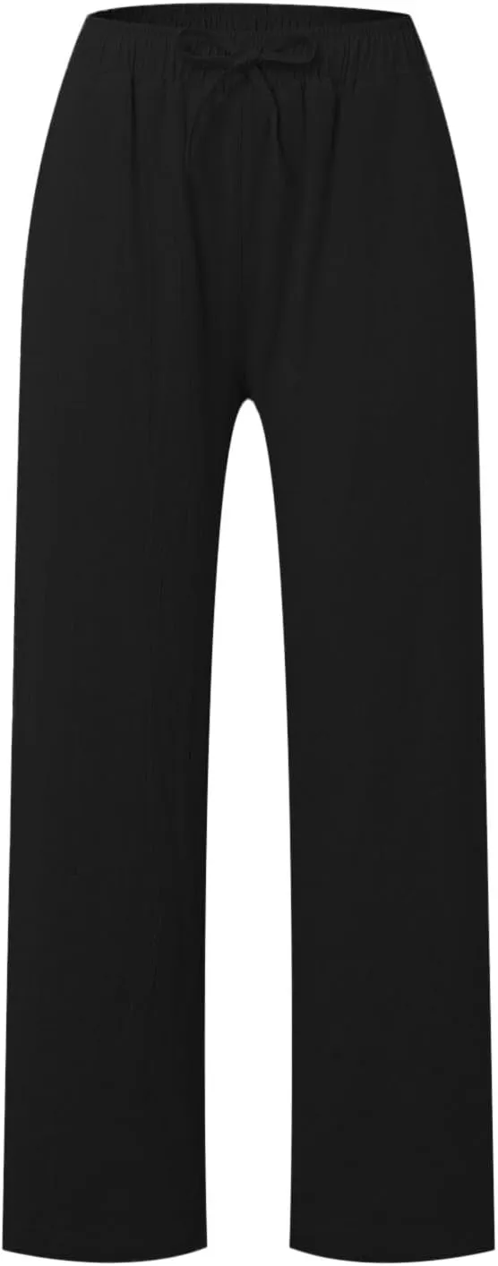 Linen Pants Women Summer Drawstring High Waist Pants Loose Cotton Linen Wide Leg Palazzo Pant Casual Beach Trousers