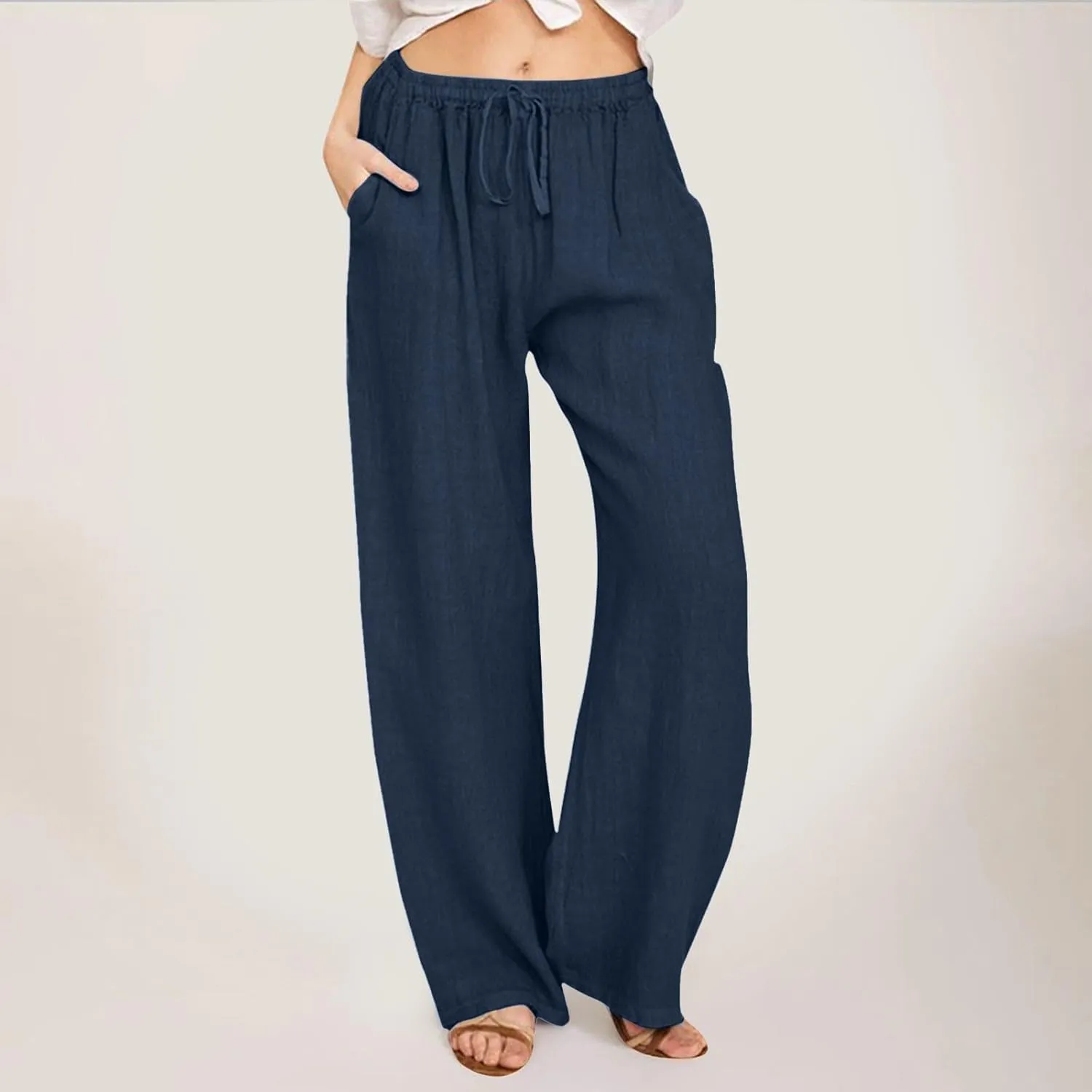 Linen Pants Women Summer Drawstring High Waist Pants Loose Cotton Linen Wide Leg Palazzo Pant Casual Beach Trousers