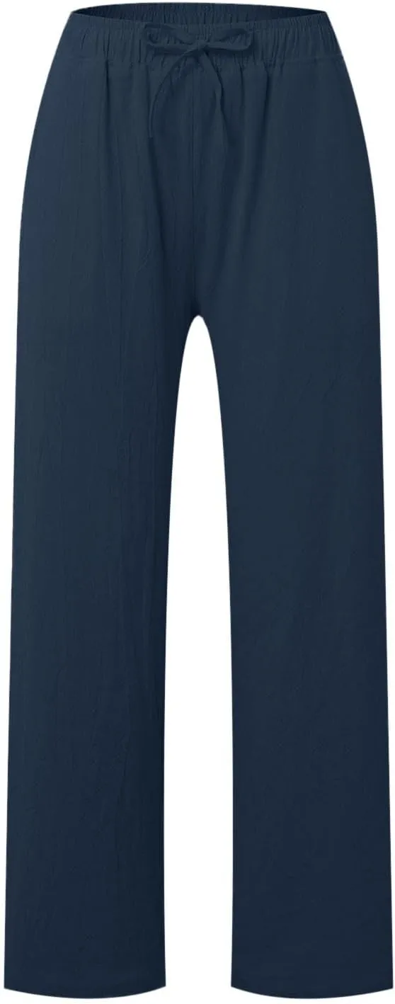 Linen Pants Women Summer Drawstring High Waist Pants Loose Cotton Linen Wide Leg Palazzo Pant Casual Beach Trousers