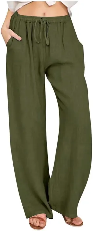Linen Pants Women Summer Drawstring High Waist Pants Loose Cotton Linen Wide Leg Palazzo Pant Casual Beach Trousers