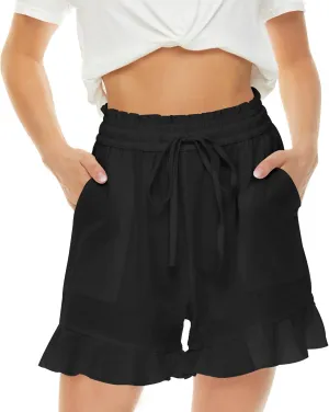 LNX Womens Linen Shorts High Waisted Wide Leg Drawstring Summer Beach Shorts with Pockets