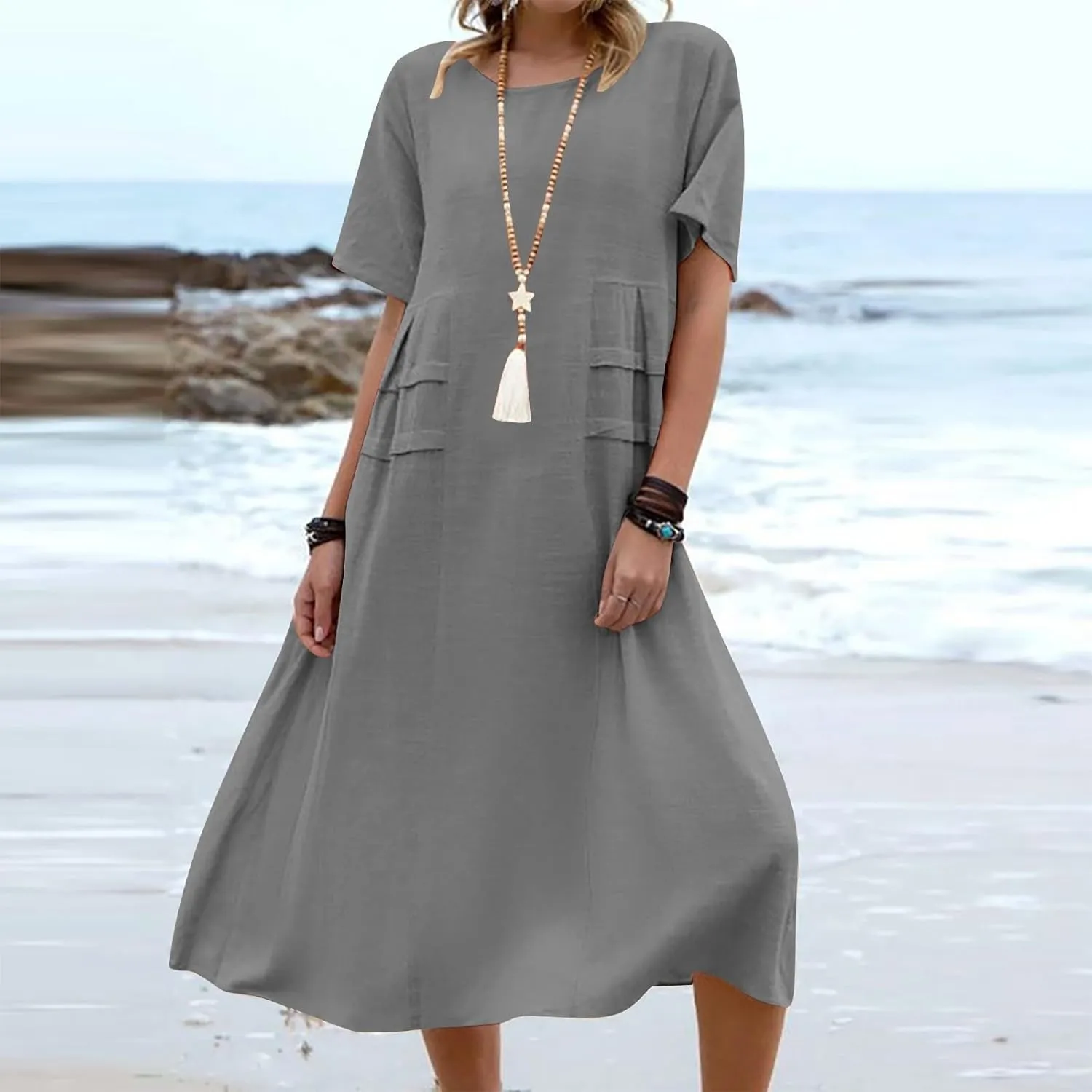 Long Dress for Women Cotton Linen Boho Flwoy Maxi Dress Short Sleeve Crewneck Loose Casual Beach Summer Sundress