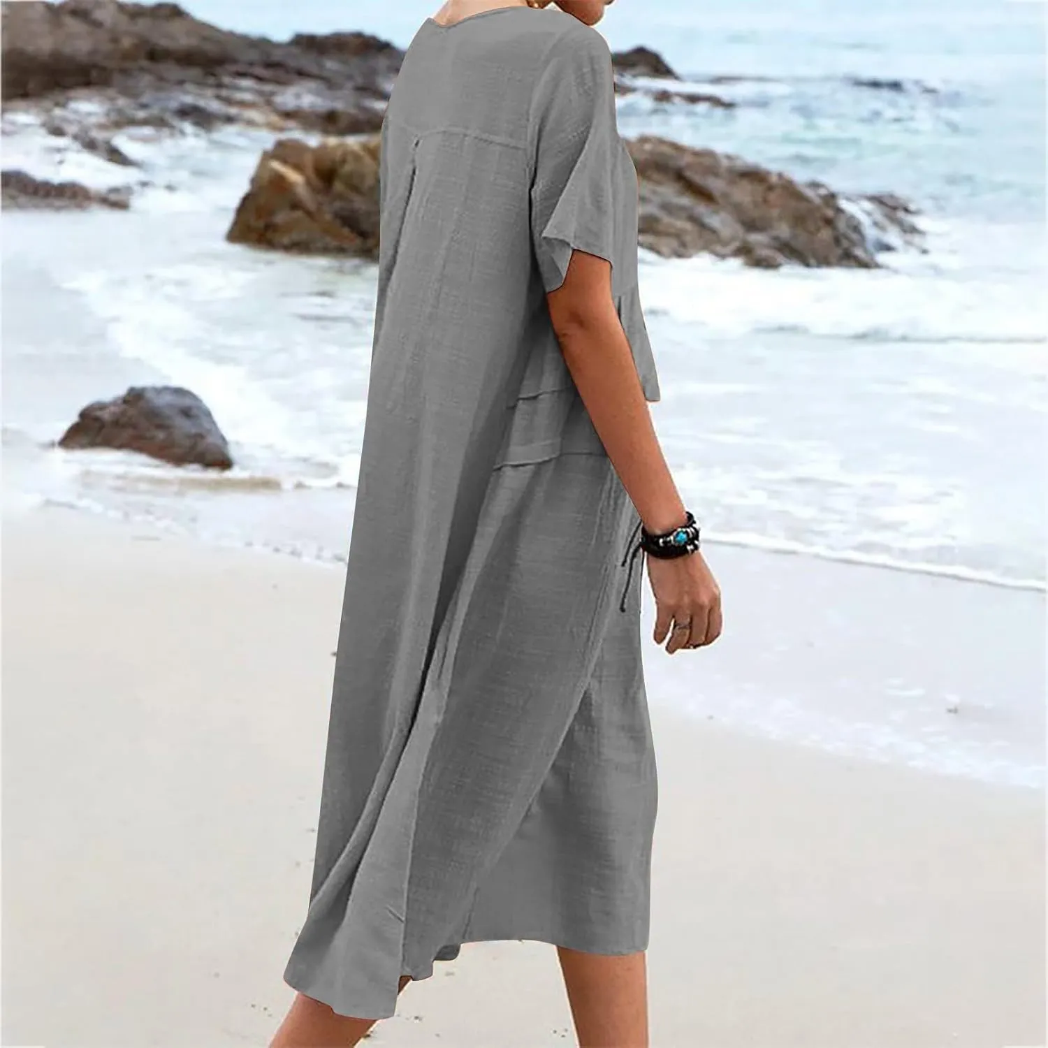 Long Dress for Women Cotton Linen Boho Flwoy Maxi Dress Short Sleeve Crewneck Loose Casual Beach Summer Sundress
