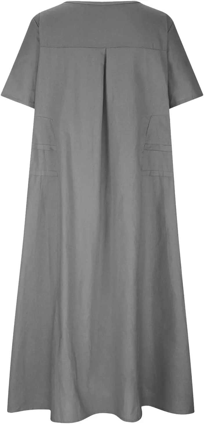 Long Dress for Women Cotton Linen Boho Flwoy Maxi Dress Short Sleeve Crewneck Loose Casual Beach Summer Sundress