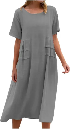 Long Dress for Women Cotton Linen Boho Flwoy Maxi Dress Short Sleeve Crewneck Loose Casual Beach Summer Sundress