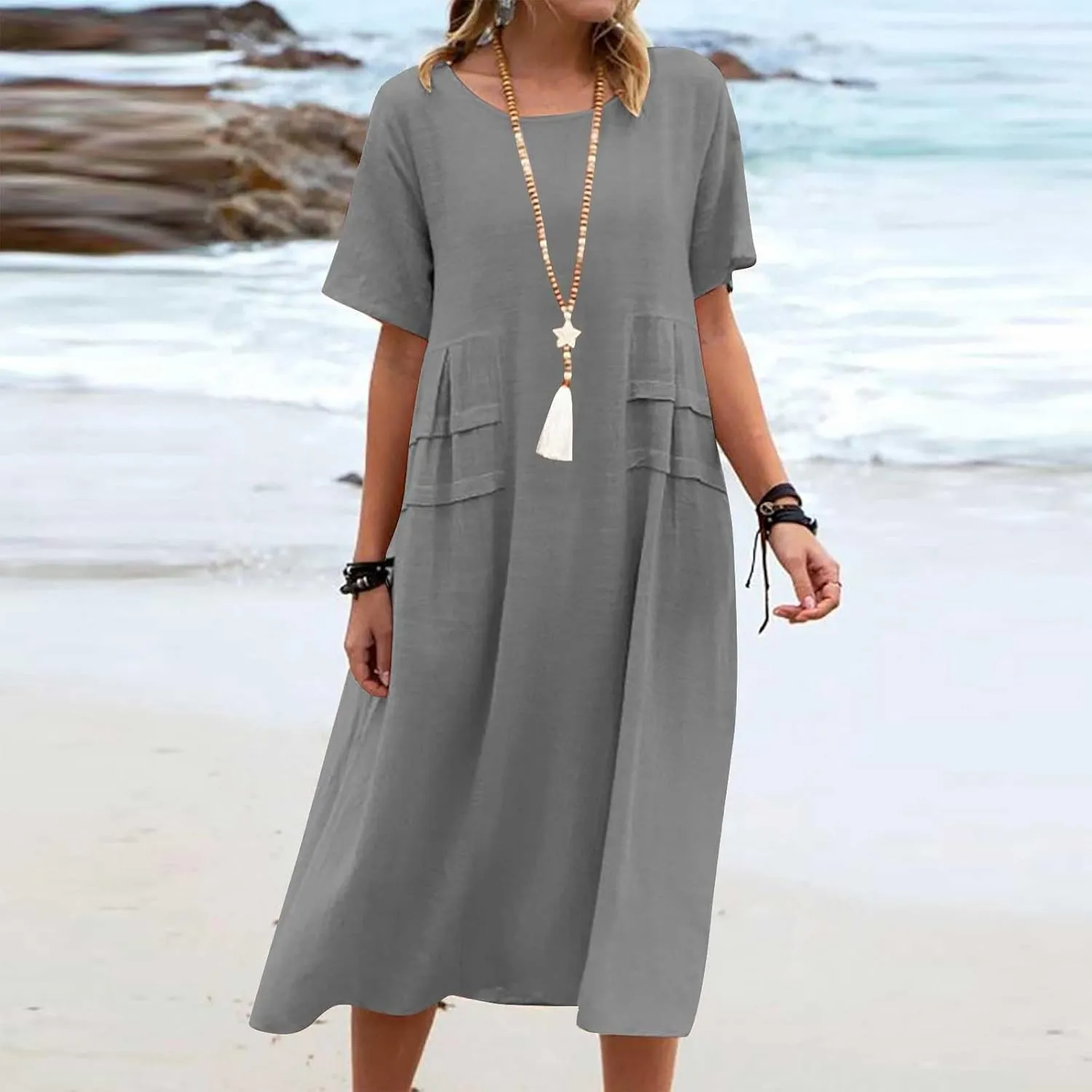 Long Dress for Women Cotton Linen Boho Flwoy Maxi Dress Short Sleeve Crewneck Loose Casual Beach Summer Sundress