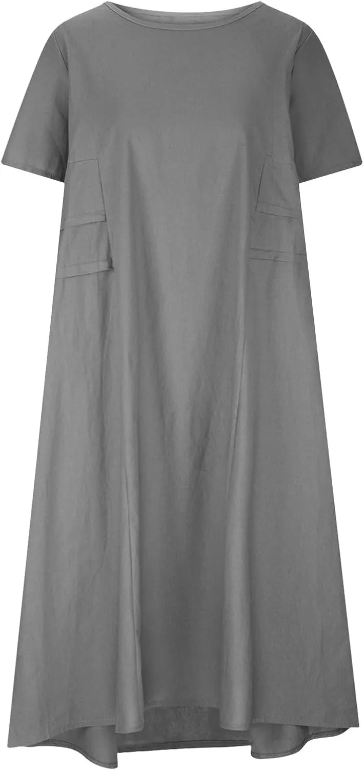 Long Dress for Women Cotton Linen Boho Flwoy Maxi Dress Short Sleeve Crewneck Loose Casual Beach Summer Sundress