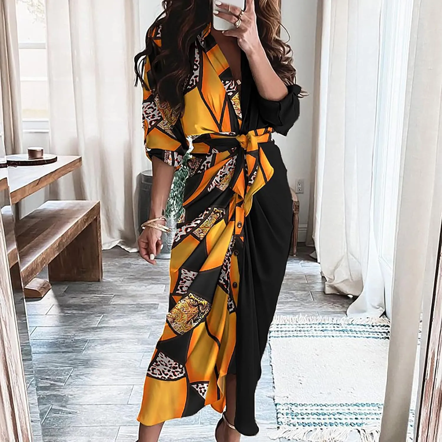 Long Sleeve Dress for Women Plus Size Casual V Neck Belted Pleated Fall Dresses Boho Flowy Swing Tiered Long Dresses