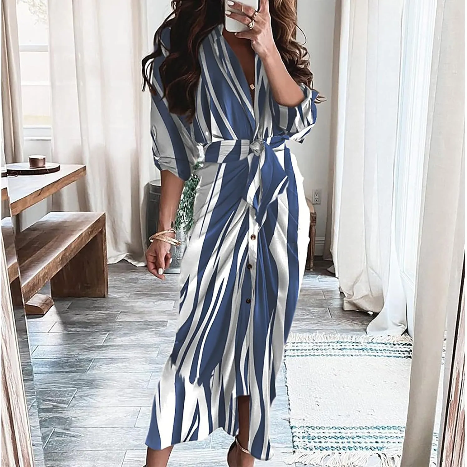 Long Sleeve Dress for Women Plus Size Casual V Neck Belted Pleated Fall Dresses Boho Flowy Swing Tiered Long Dresses