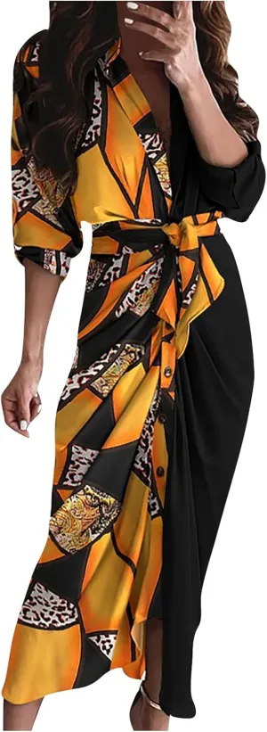Long Sleeve Dress for Women Plus Size Casual V Neck Belted Pleated Fall Dresses Boho Flowy Swing Tiered Long Dresses