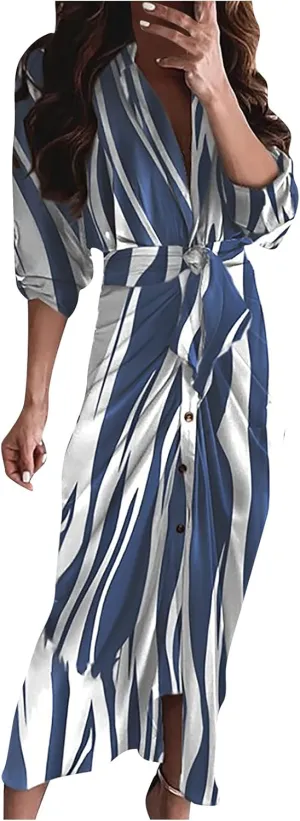Long Sleeve Dress for Women Plus Size Casual V Neck Belted Pleated Fall Dresses Boho Flowy Swing Tiered Long Dresses