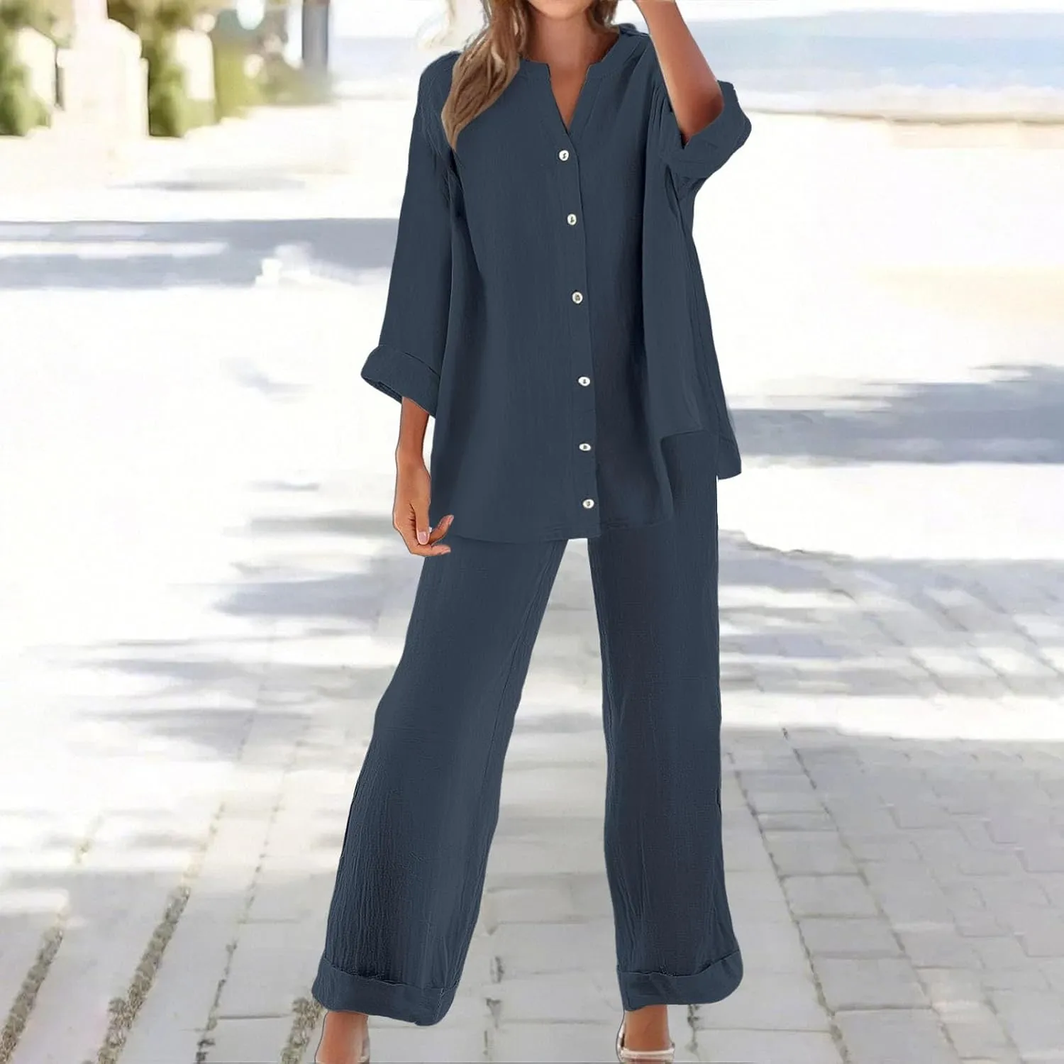 Lounge Sets for Women - Cotton Linen Pants Sets Summer Oversized Long Sleeve Button Shirt Casual Outfits Comfy Suit