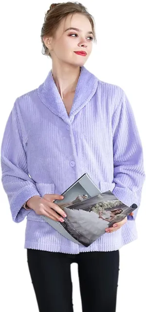Loungees Women's Light Purple Drop Needle Coral Fleece Shawl Collar Button FrontBed Jacket