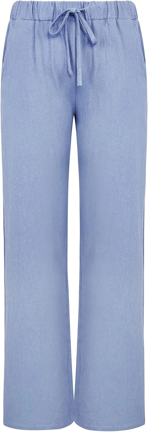 loveimgs Women's Casual Wide Leg Elastic Waist Loose Lightweight Summer Linen Beach Pants Drawstring