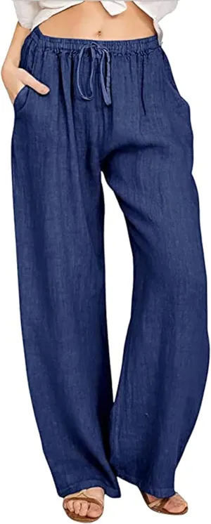 loveimgs Women's Casual Wide Leg Elastic Waist Loose Lightweight Summer Linen Beach Pants Drawstring