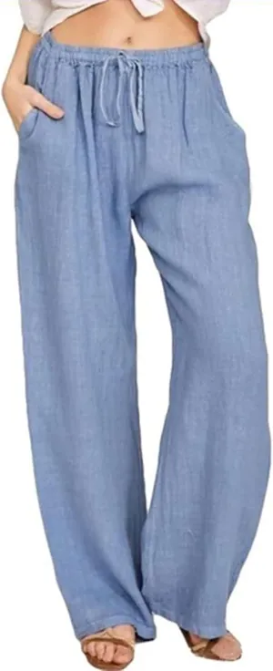 loveimgs Women's Casual Wide Leg Elastic Waist Loose Lightweight Summer Linen Beach Pants Drawstring