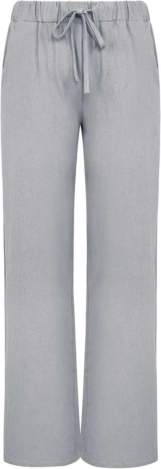 loveimgs Women's Casual Wide Leg Elastic Waist Loose Lightweight Summer Linen Beach Pants Drawstring