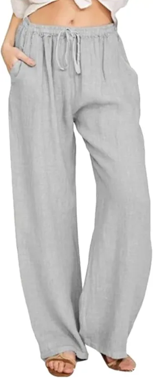 loveimgs Women's Casual Wide Leg Elastic Waist Loose Lightweight Summer Linen Beach Pants Drawstring