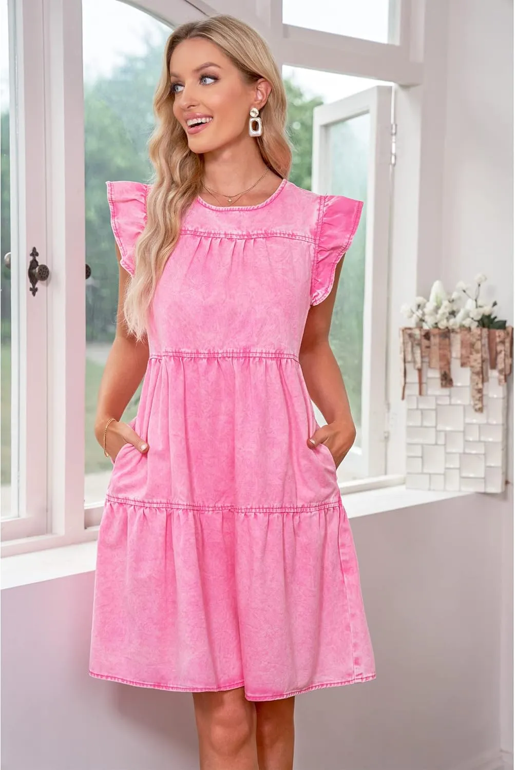 luvamia 2025 Denim Dress for Women Summer Babydoll Sleeveless Ruffle Sleeve Mini Dresses Loose Flowy Swing Pleated Dress