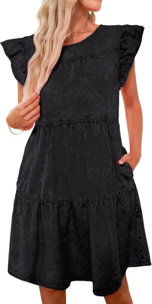 luvamia 2025 Denim Dress for Women Summer Babydoll Sleeveless Ruffle Sleeve Mini Dresses Loose Flowy Swing Pleated Dress