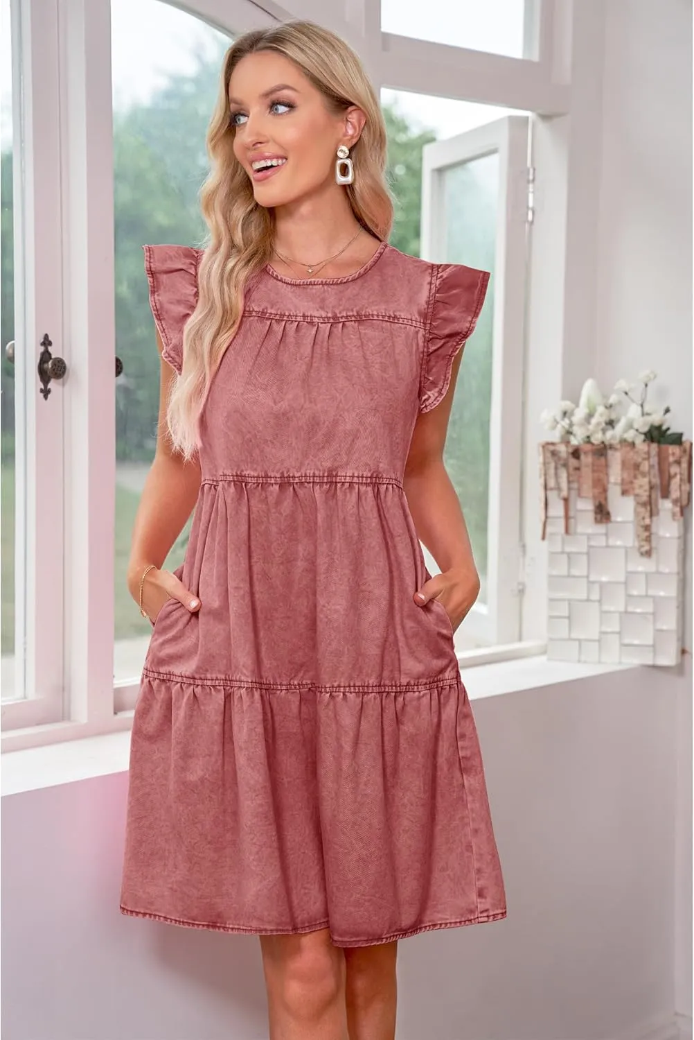 luvamia 2025 Denim Dress for Women Summer Babydoll Sleeveless Ruffle Sleeve Mini Dresses Loose Flowy Swing Pleated Dress