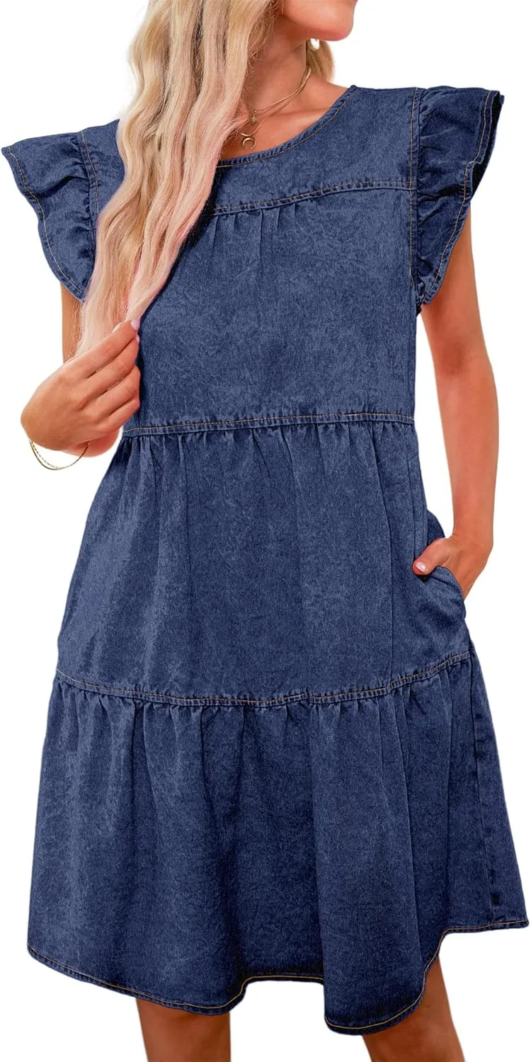 luvamia 2025 Denim Dress for Women Summer Babydoll Sleeveless Ruffle Sleeve Mini Dresses Loose Flowy Swing Pleated Dress