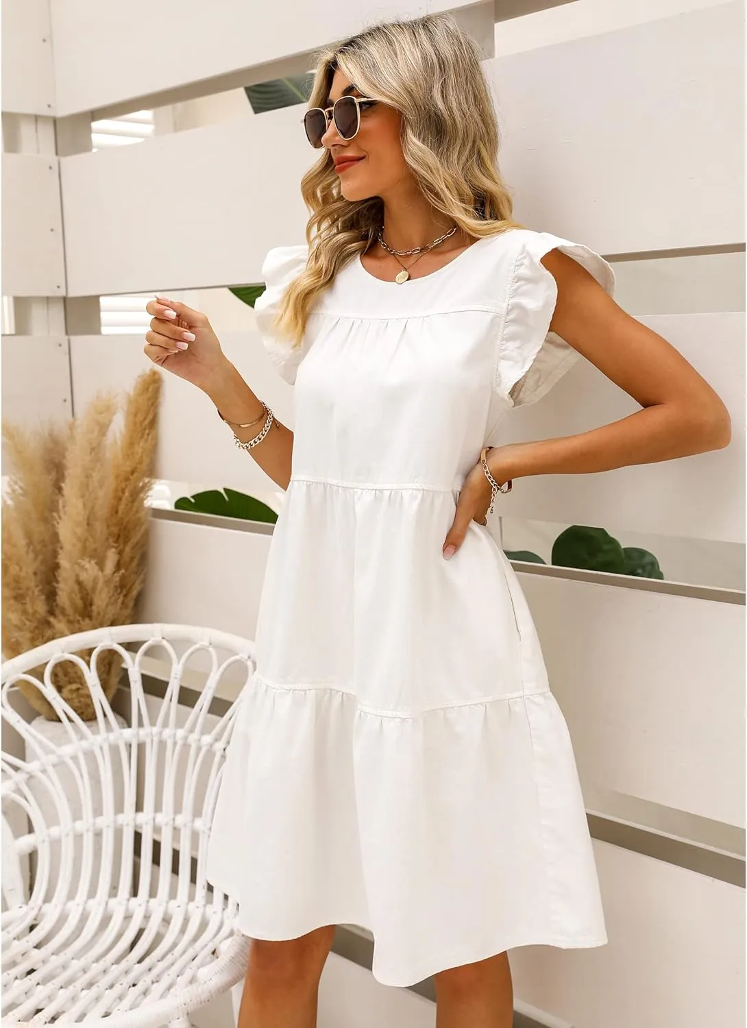 luvamia 2025 Denim Dress for Women Summer Babydoll Sleeveless Ruffle Sleeve Mini Dresses Loose Flowy Swing Pleated Dress
