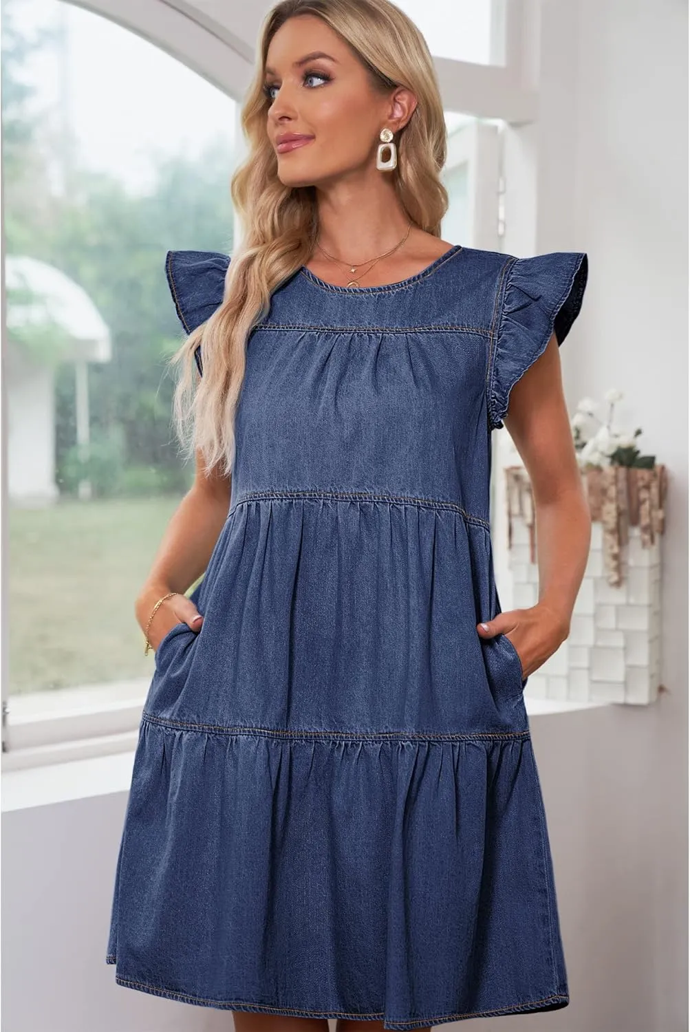 luvamia 2025 Denim Dress for Women Summer Babydoll Sleeveless Ruffle Sleeve Mini Dresses Loose Flowy Swing Pleated Dress
