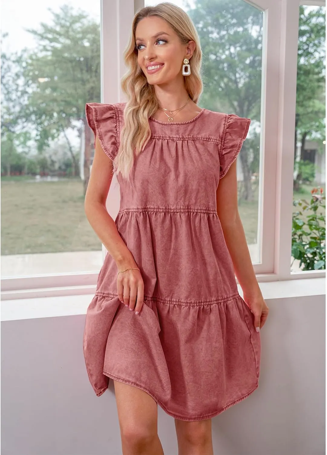 luvamia 2025 Denim Dress for Women Summer Babydoll Sleeveless Ruffle Sleeve Mini Dresses Loose Flowy Swing Pleated Dress