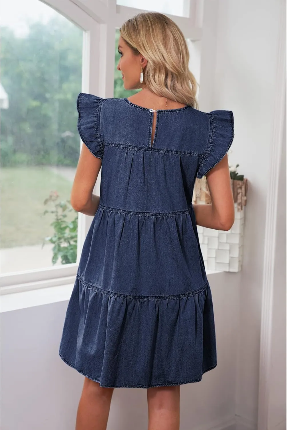 luvamia 2025 Denim Dress for Women Summer Babydoll Sleeveless Ruffle Sleeve Mini Dresses Loose Flowy Swing Pleated Dress