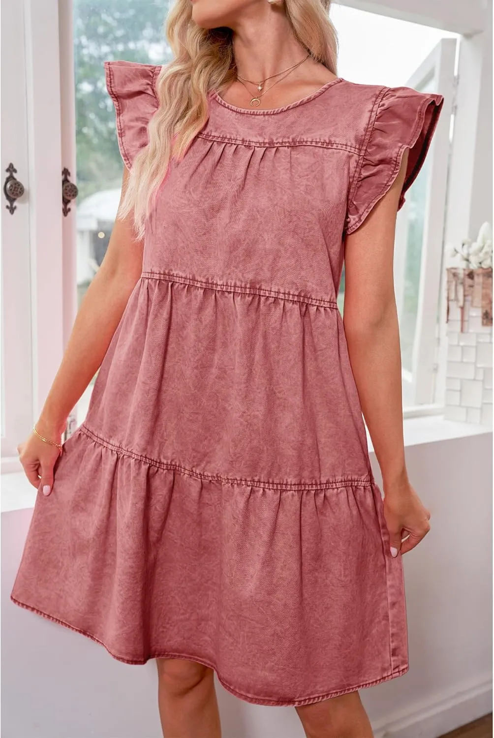 luvamia 2025 Denim Dress for Women Summer Babydoll Sleeveless Ruffle Sleeve Mini Dresses Loose Flowy Swing Pleated Dress