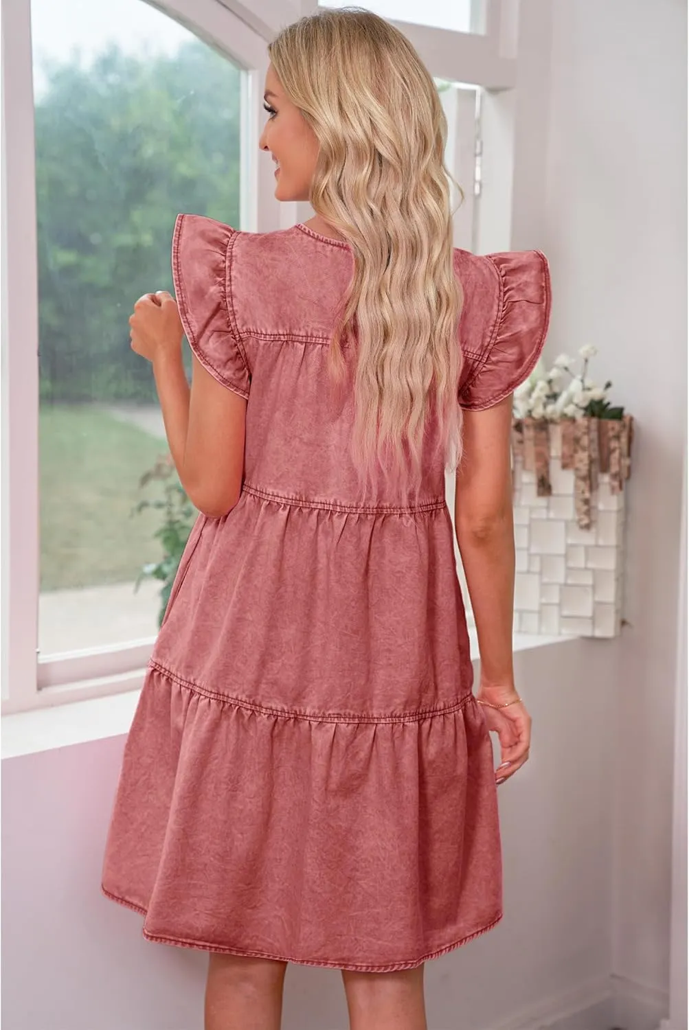 luvamia 2025 Denim Dress for Women Summer Babydoll Sleeveless Ruffle Sleeve Mini Dresses Loose Flowy Swing Pleated Dress