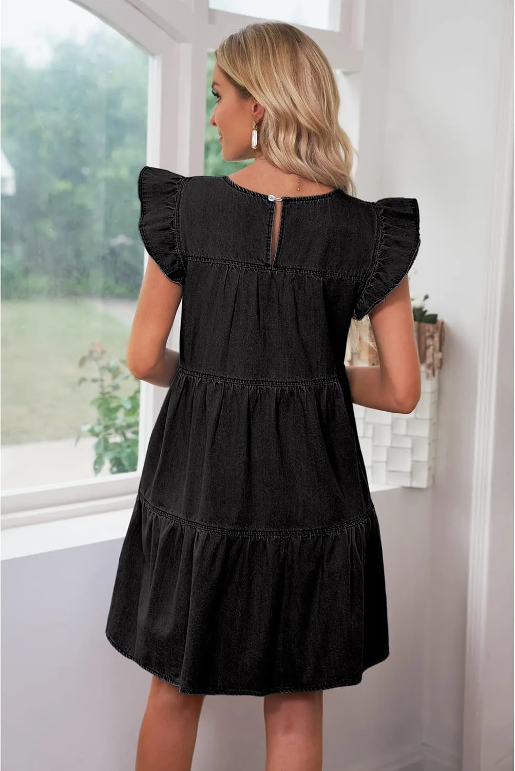 luvamia 2025 Denim Dress for Women Summer Babydoll Sleeveless Ruffle Sleeve Mini Dresses Loose Flowy Swing Pleated Dress