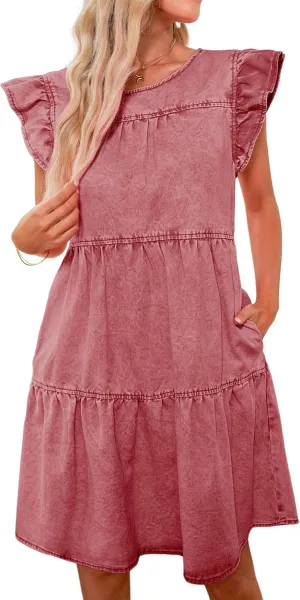 luvamia 2025 Denim Dress for Women Summer Babydoll Sleeveless Ruffle Sleeve Mini Dresses Loose Flowy Swing Pleated Dress