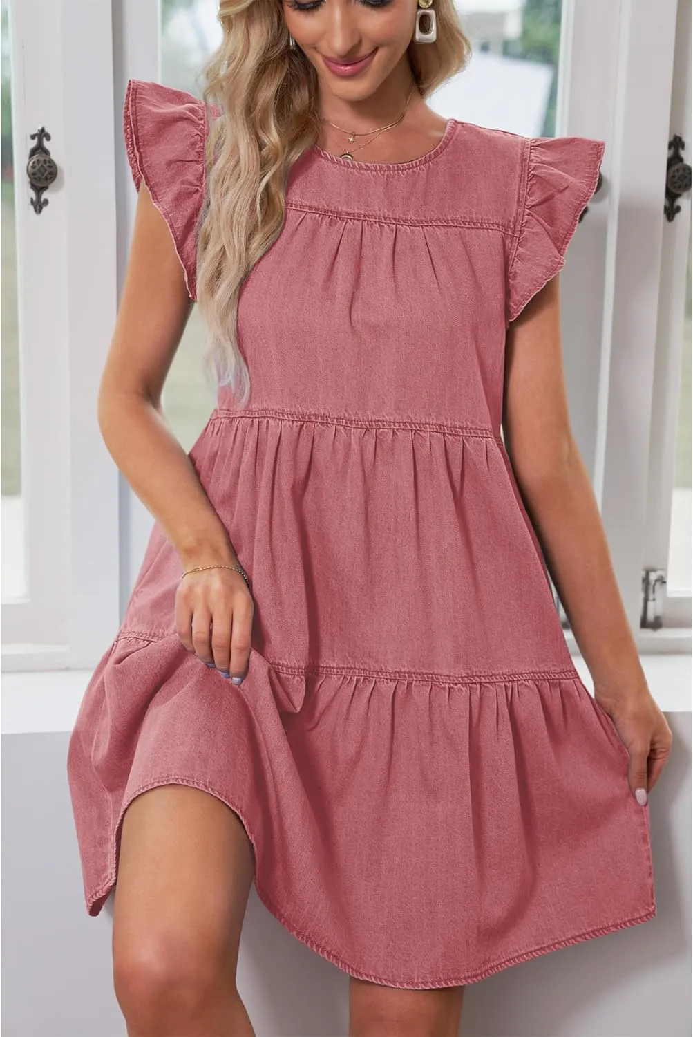 luvamia 2025 Denim Dress for Women Summer Babydoll Sleeveless Ruffle Sleeve Mini Dresses Loose Flowy Swing Pleated Dress