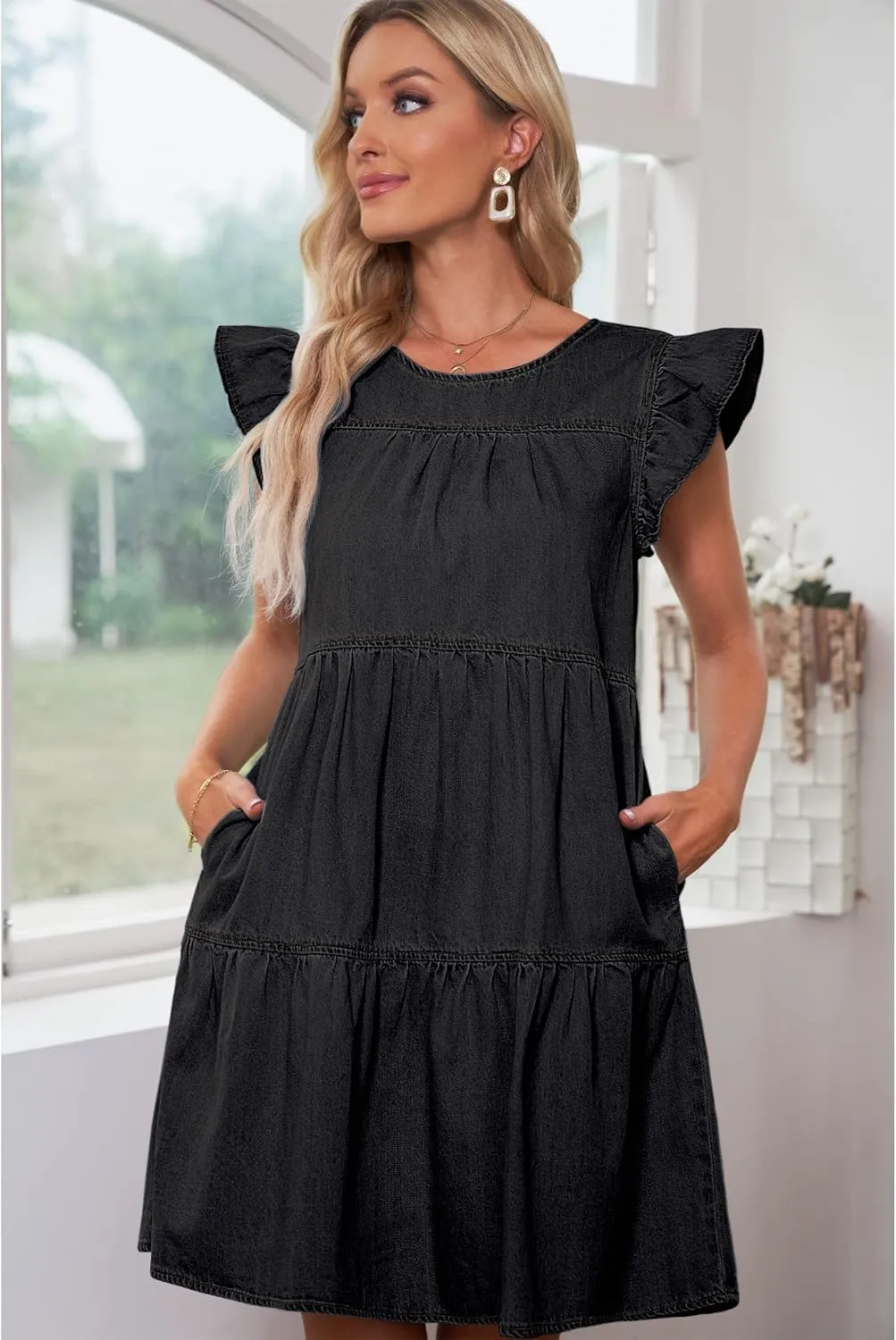 luvamia 2025 Denim Dress for Women Summer Babydoll Sleeveless Ruffle Sleeve Mini Dresses Loose Flowy Swing Pleated Dress