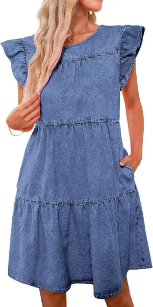 luvamia 2025 Denim Dress for Women Summer Babydoll Sleeveless Ruffle Sleeve Mini Dresses Loose Flowy Swing Pleated Dress