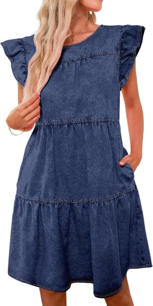 luvamia 2025 Denim Dress for Women Summer Babydoll Sleeveless Ruffle Sleeve Mini Dresses Loose Flowy Swing Pleated Dress
