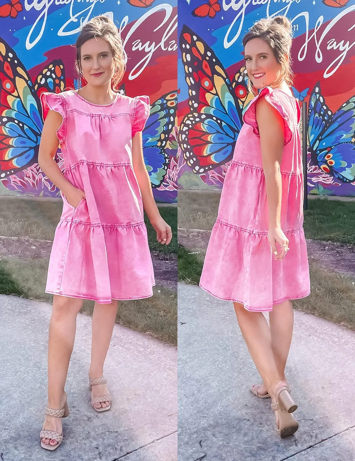 luvamia 2025 Denim Dress for Women Summer Babydoll Sleeveless Ruffle Sleeve Mini Dresses Loose Flowy Swing Pleated Dress