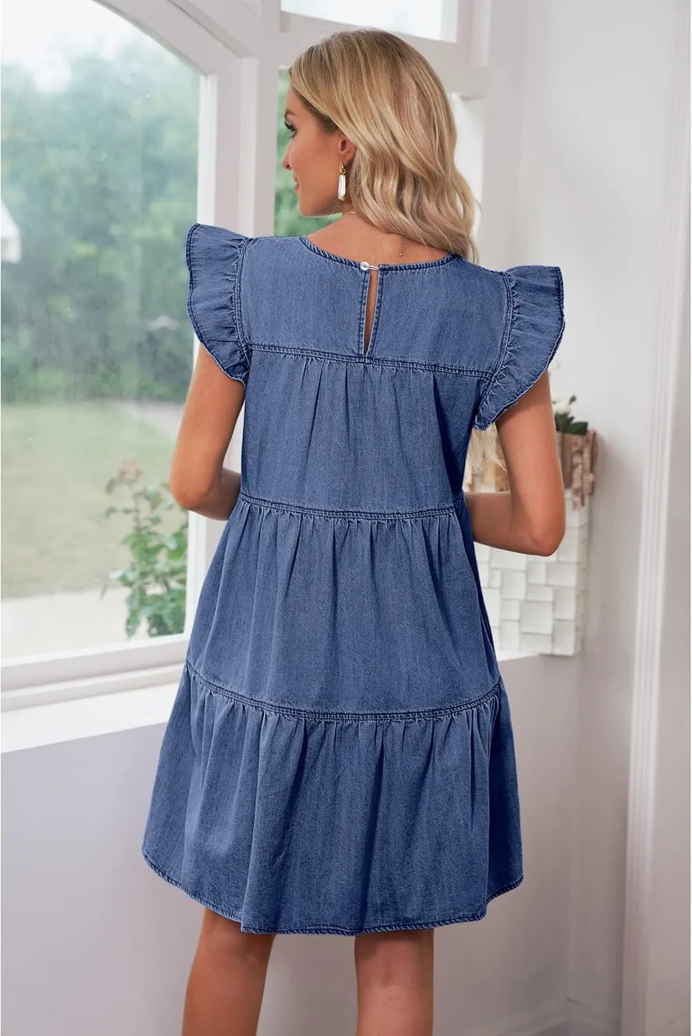 luvamia 2025 Denim Dress for Women Summer Babydoll Sleeveless Ruffle Sleeve Mini Dresses Loose Flowy Swing Pleated Dress