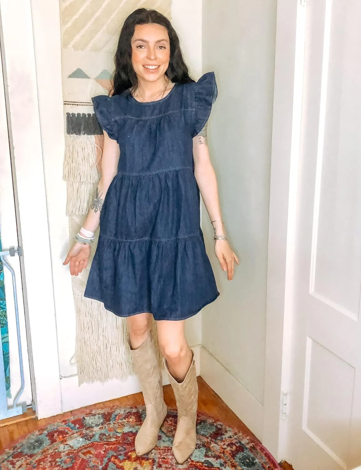 luvamia 2025 Denim Dress for Women Summer Babydoll Sleeveless Ruffle Sleeve Mini Dresses Loose Flowy Swing Pleated Dress