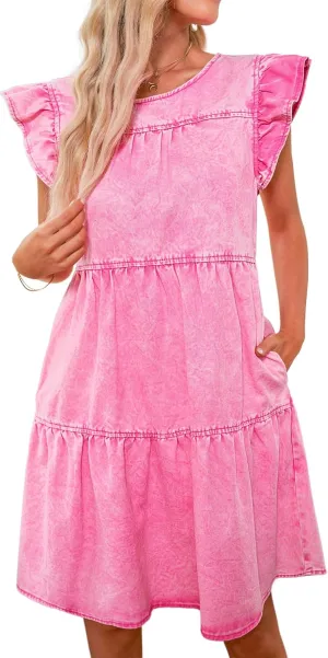 luvamia 2025 Denim Dress for Women Summer Babydoll Sleeveless Ruffle Sleeve Mini Dresses Loose Flowy Swing Pleated Dress