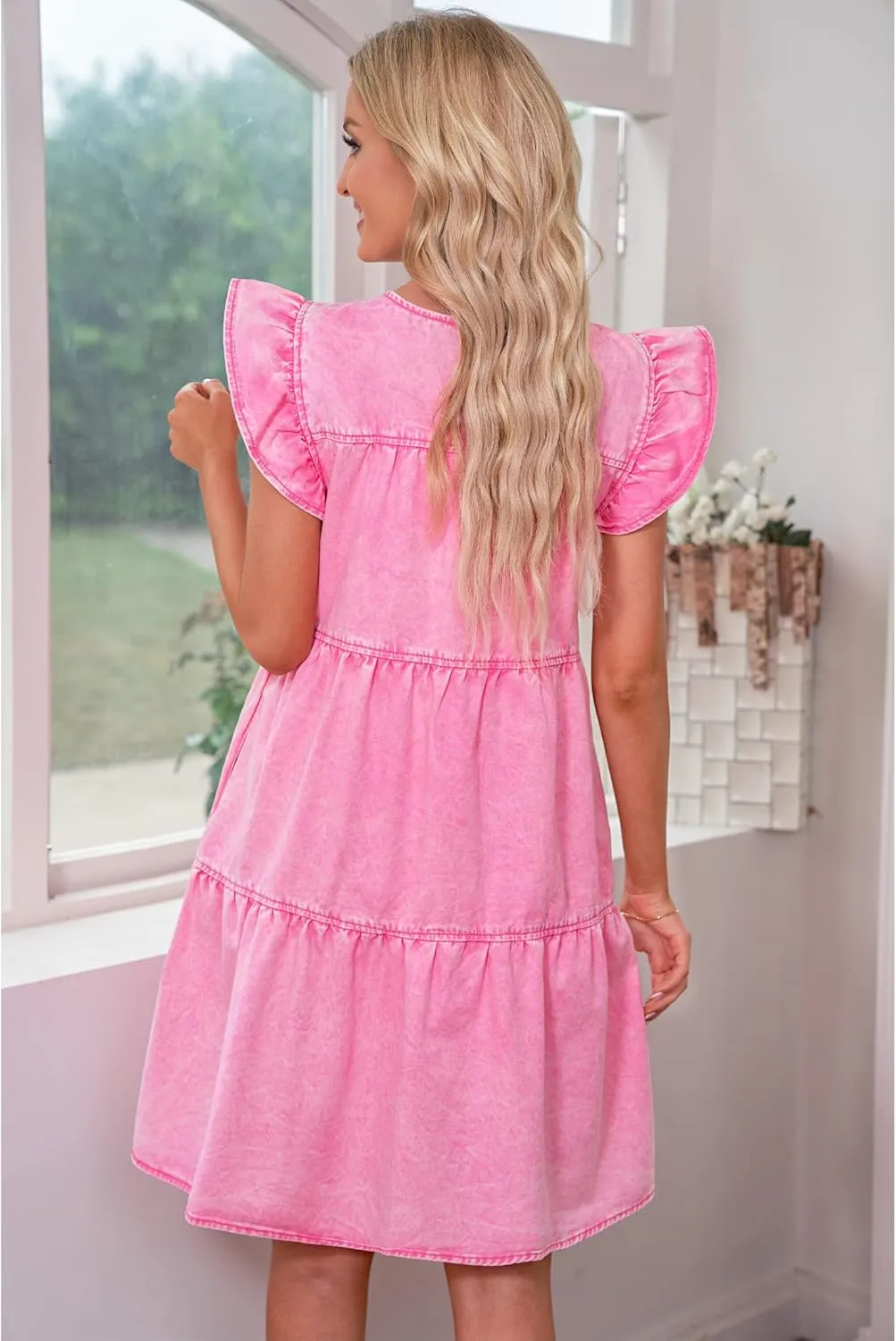 luvamia 2025 Denim Dress for Women Summer Babydoll Sleeveless Ruffle Sleeve Mini Dresses Loose Flowy Swing Pleated Dress
