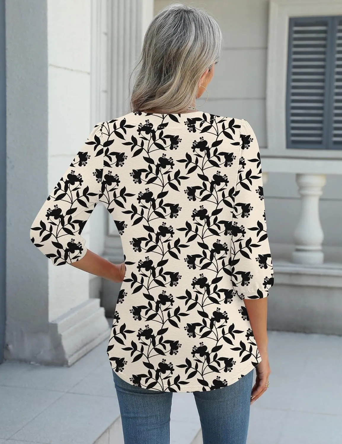 LUYAA 3/4 Length Sleeve Womens Tops Dressy Casual V-Neck Puff Sleeve Blouses Business Work Tunic Shirt S-XXL