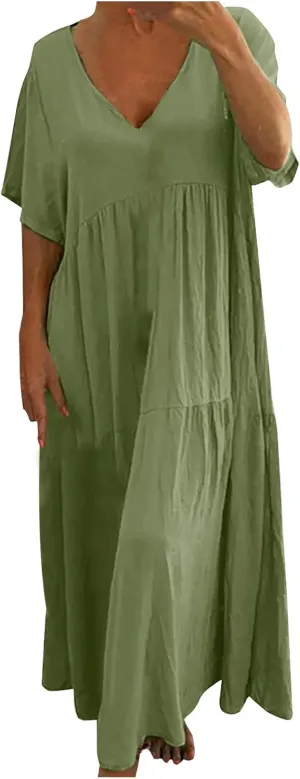 maisdgop Maxi Dresses for Women 2025 Trendy Summer Solid Mid Length Sundress Plus Size Short Sleeve Round Neck Beach Dress