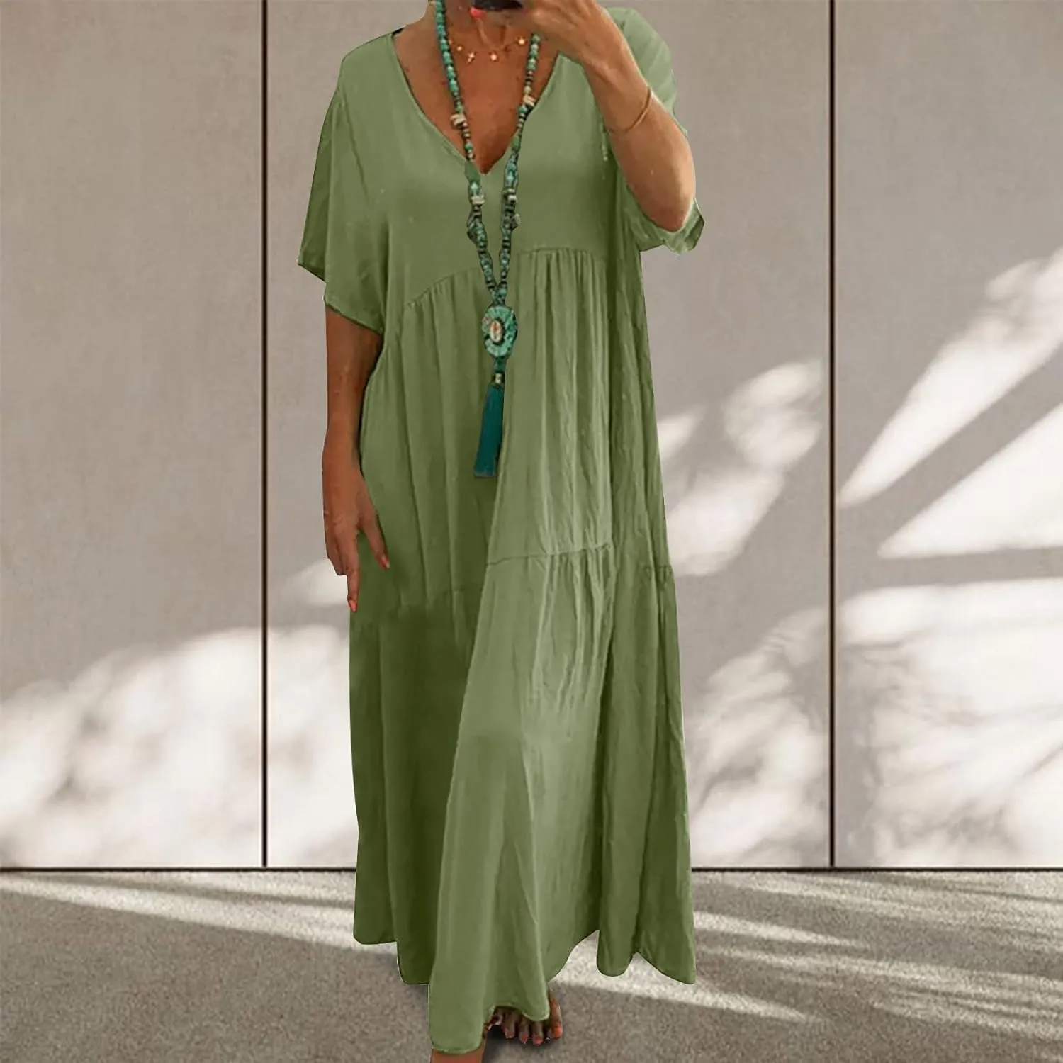 maisdgop Maxi Dresses for Women 2025 Trendy Summer Solid Mid Length Sundress Plus Size Short Sleeve Round Neck Beach Dress