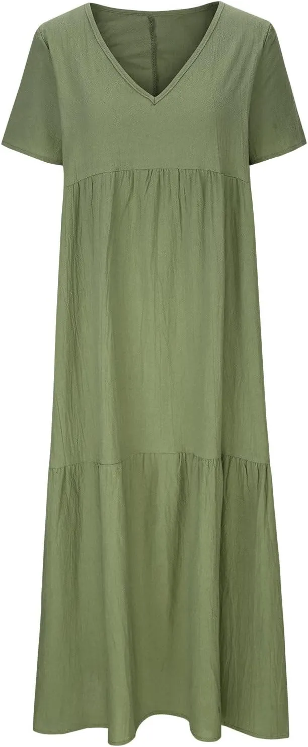 maisdgop Maxi Dresses for Women 2025 Trendy Summer Solid Mid Length Sundress Plus Size Short Sleeve Round Neck Beach Dress