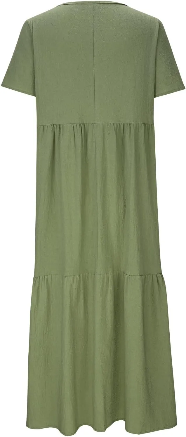 maisdgop Maxi Dresses for Women 2025 Trendy Summer Solid Mid Length Sundress Plus Size Short Sleeve Round Neck Beach Dress