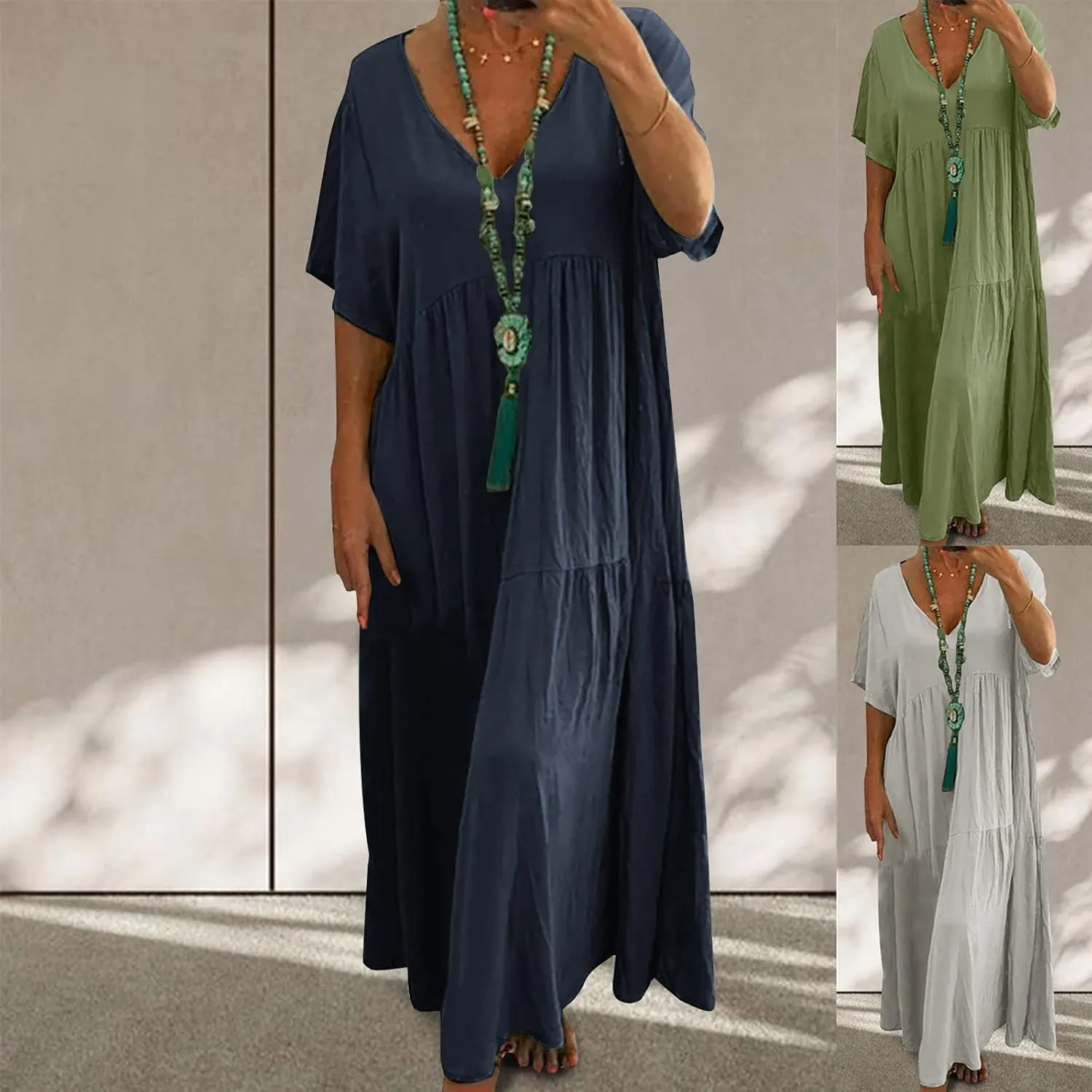 maisdgop Maxi Dresses for Women 2025 Trendy Summer Solid Mid Length Sundress Plus Size Short Sleeve Round Neck Beach Dress