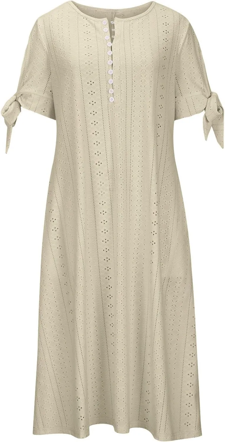 Maxi Long Dresses for Women 2025 Summer Casual V Neck Short Sleeve Eyelet Tshirt Dress Boho A Line Beach Vacation Sundress